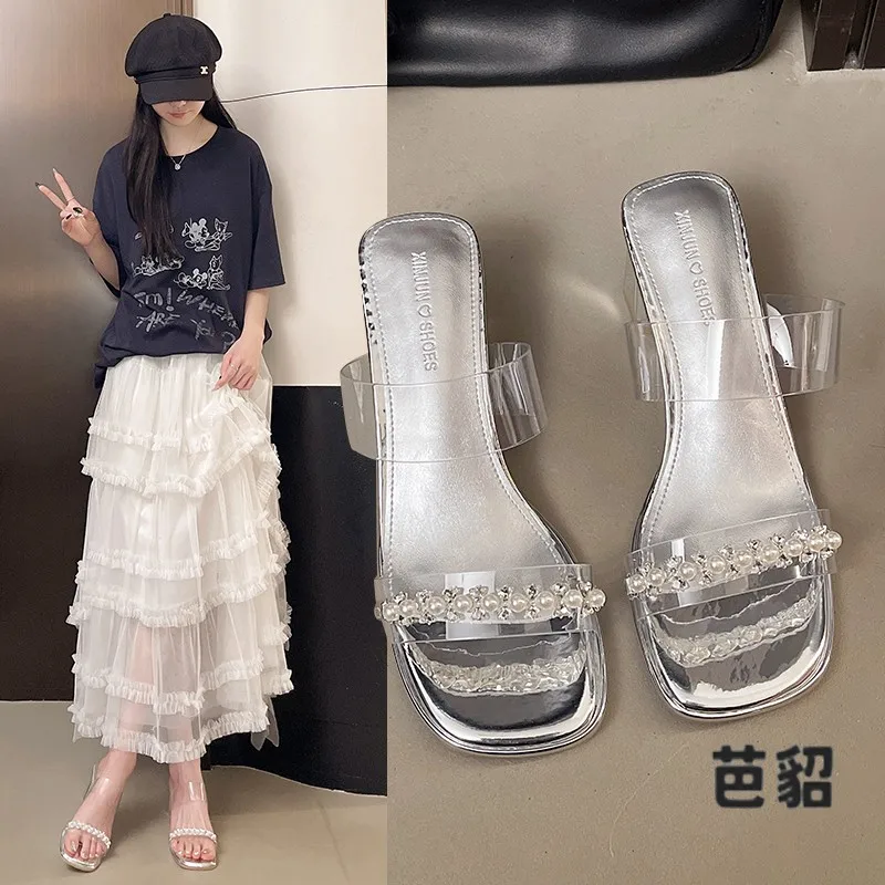 透明パールストラップサンダルソフトボトムフェアリースタイル多用途日常着用スクエアヘッド女性の靴夏新着