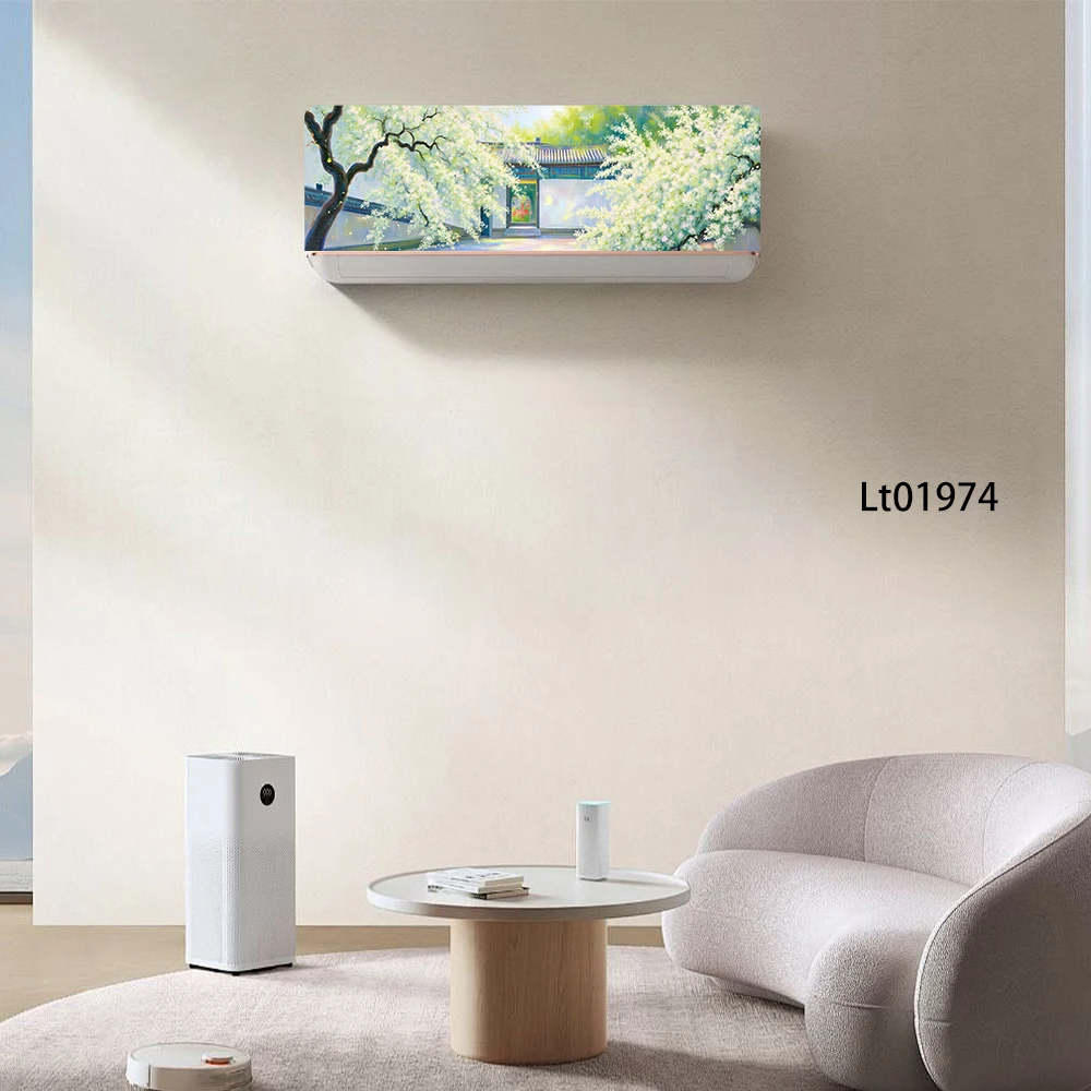 Chinese Watercolor AC Sticker - Mountain Courtyard Landscape Painting, Fresh Style Air Conditioner Decal for Home Office Decor