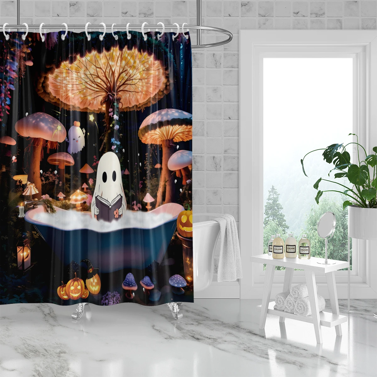 Halloween Themed Series Shower Curtain - Cute Ghost Element Bathroom Set Decoration,Halloween Party Gifts Supplies-71\