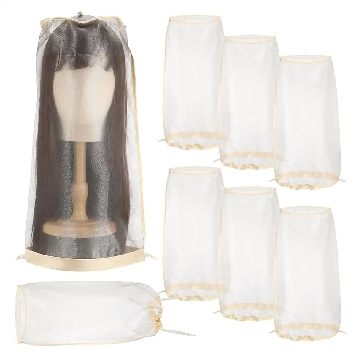 N14R Top 6 Pcs Wig Storage Bags Adjustable Wig Bag with Drawstring Portable Travel Organizer for Keep From Dirt Dust Beige