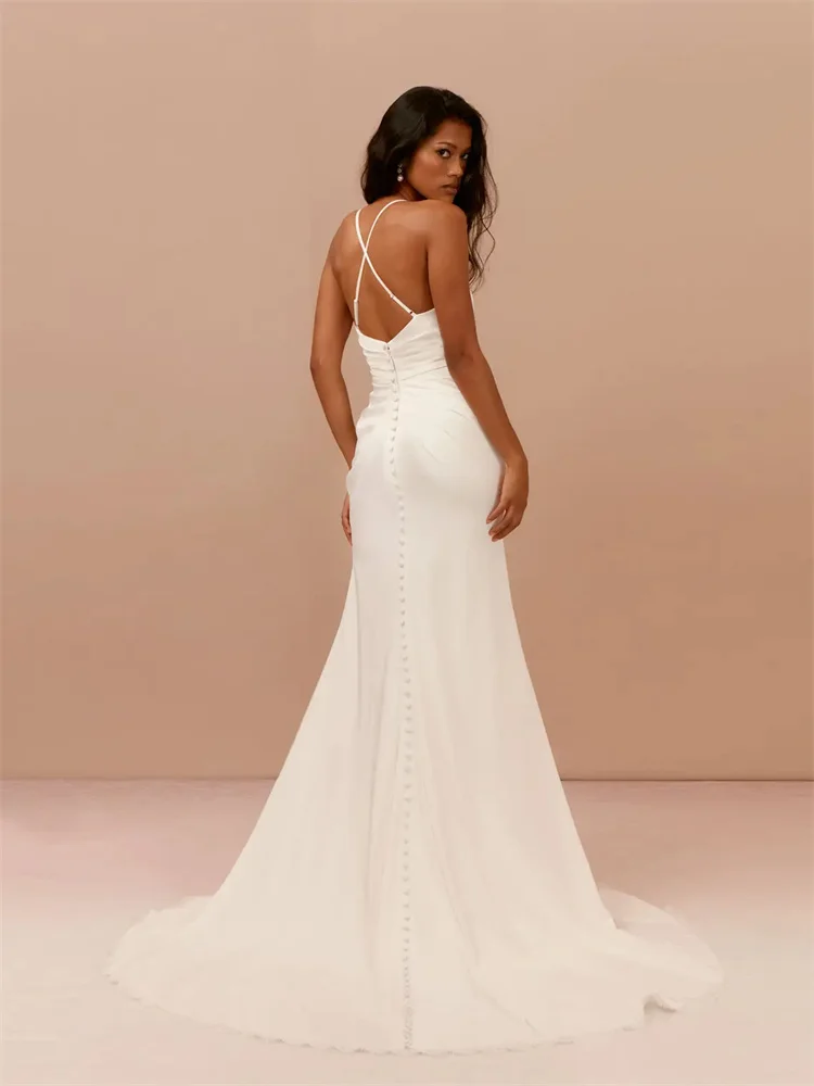 New Arrival V Neckline Thin Straps Crepe Wedding Dress Open Back Zipper Floor Length Side Slit Chapel Train Gown For Bride 2024