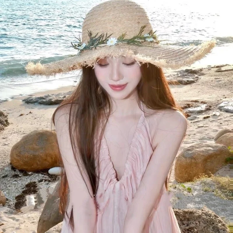 Summer Big brimmed Sunscreen Hat Versatile Flower Travel Sunscreen Hat Women's Seaside Hat Beach Vacation Lafite Grass Hat