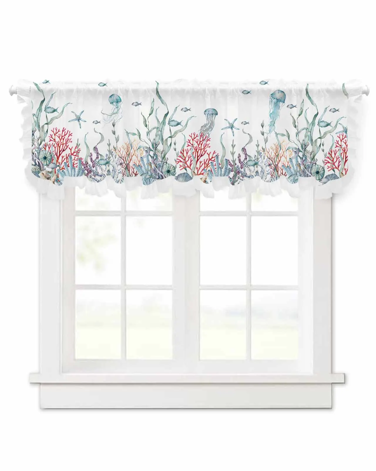 Marine Corals Seaweed Shells Starfish Short Tulle Half Curtains for Living Room Kitchen Door Cafe Window Sheer Valance Drapes