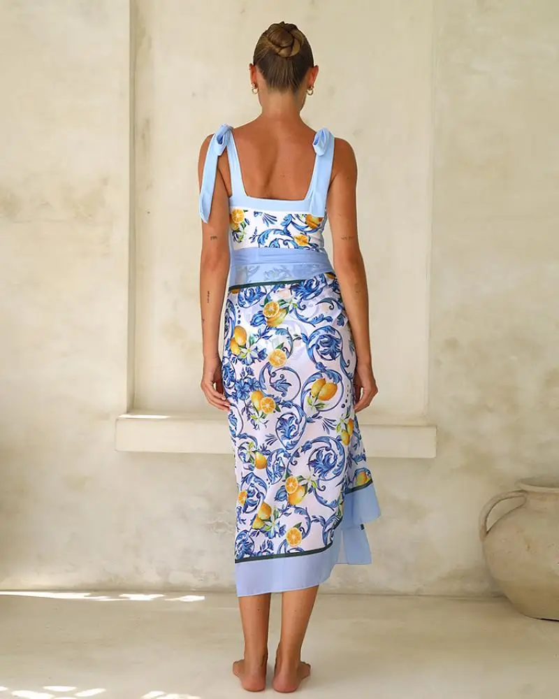 Flaxmaker ผู้หญิง One Piece ชุดว่ายน้ําและ Sarong หรือกระโปรง 2025 Vintage Lemon พิมพ์ Tie-ไหล่ชุดว่ายน้ําชุด femme