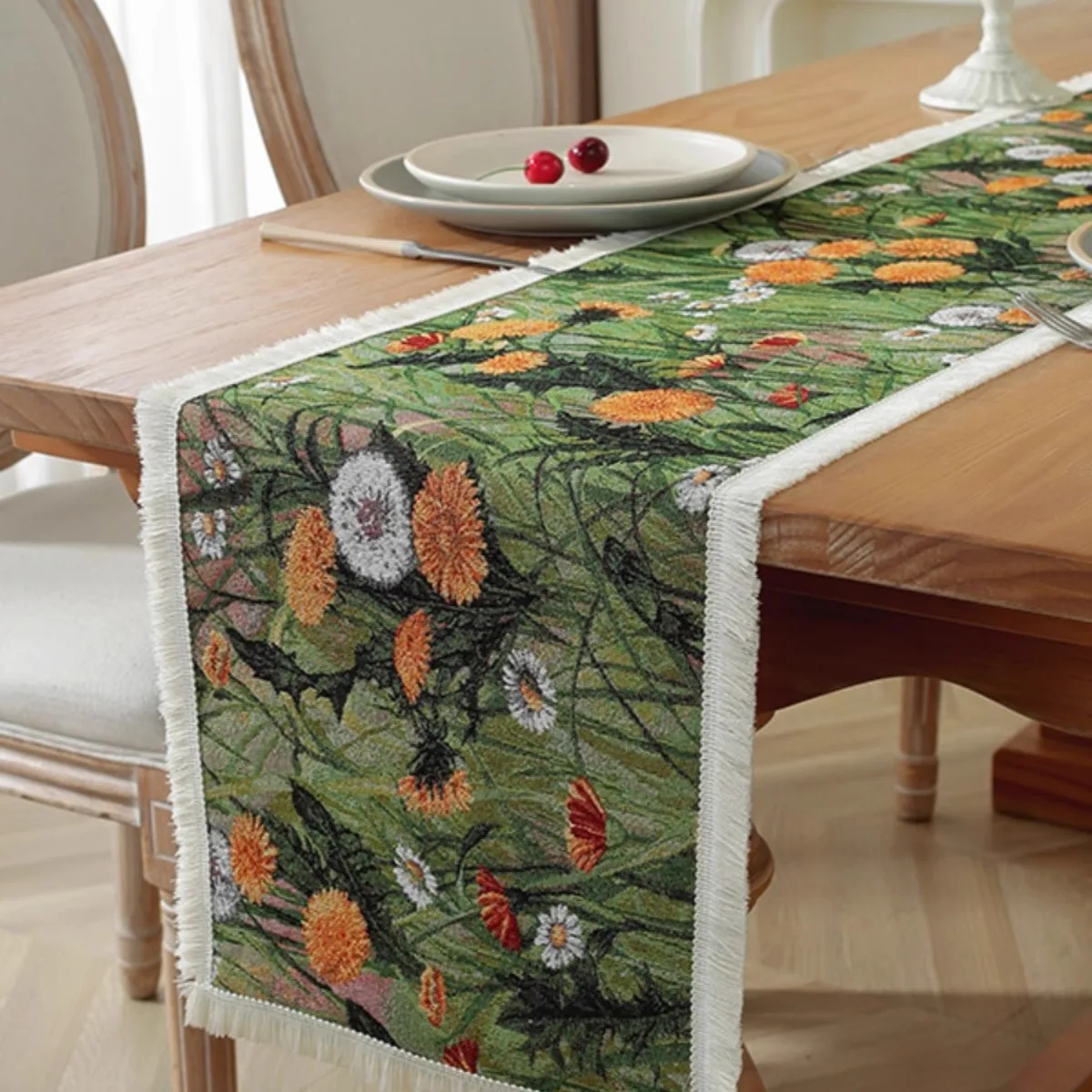 

Vintage Floral Cotton Linen Jacquard Table Runner Flag Luxury Long Tablecloth Decor Coffee Table TV Cabinet Bucket Cabinet Cover