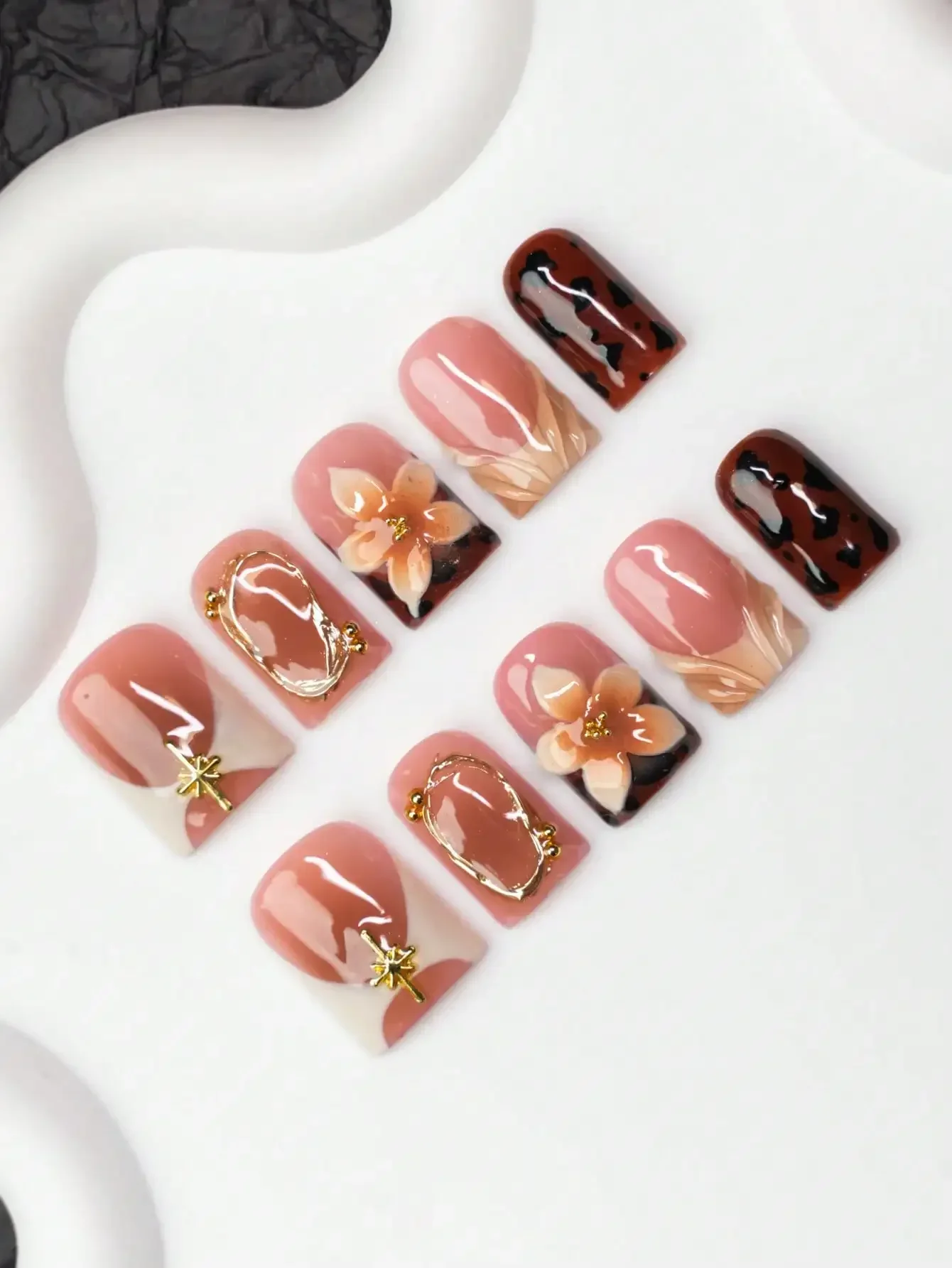 

10pcs/Set Handmade Square Nail Tips, Y2K Baddie Style, Nude, Brown, White, Tortoiseshell Colors With Carved, Leopard Print, Fren