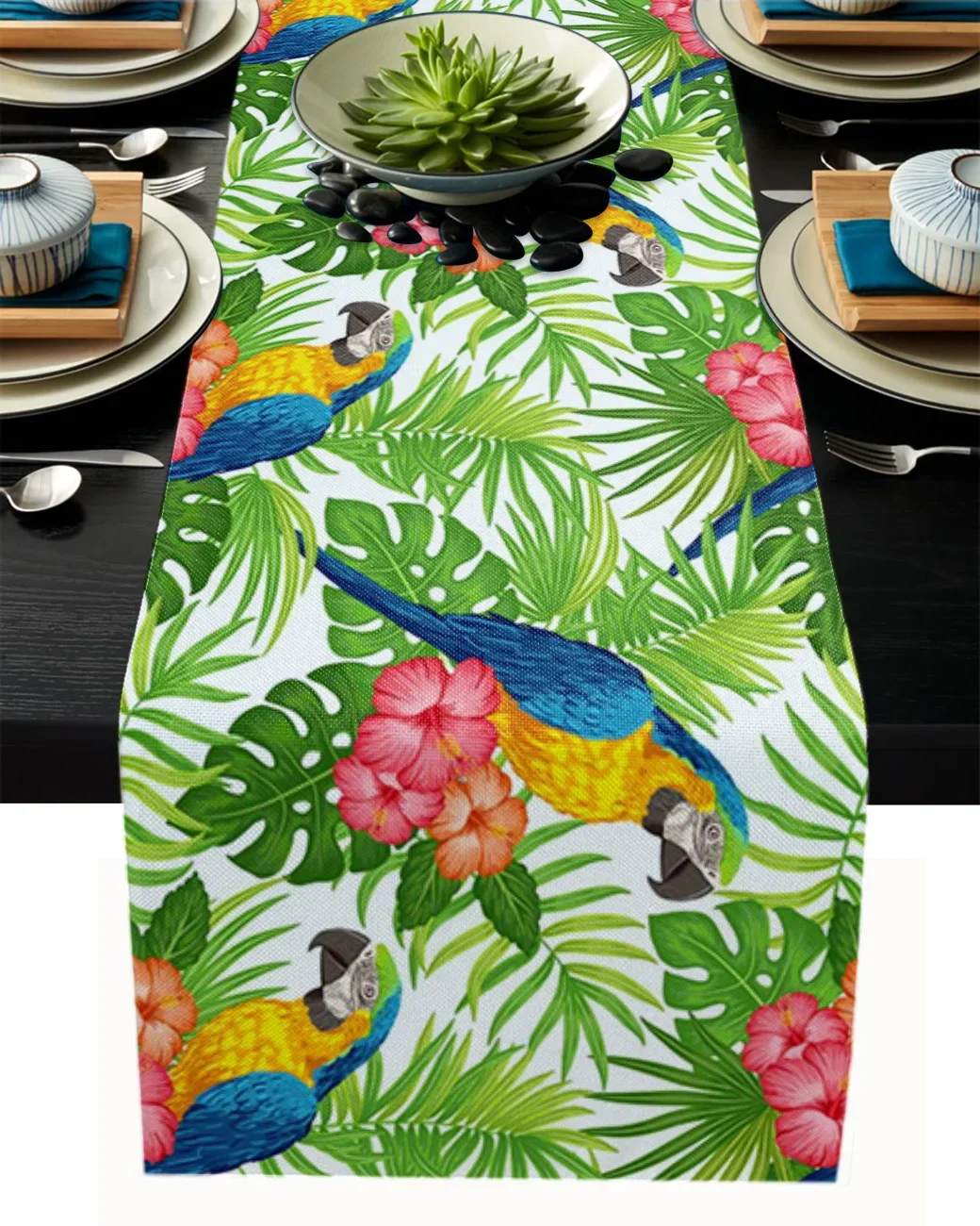 Parrot Flowers Green Tropical Plant Leaves Linen Table Runner Wedding Party Decor Reusable Table Runners Kitchen Table Decor