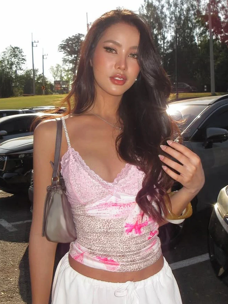 Street Style Lace Patchwork Leopard Print Strap Vest Slim Fit V-Neck Short Versatile Summer New Sweet And Spicy Women Top