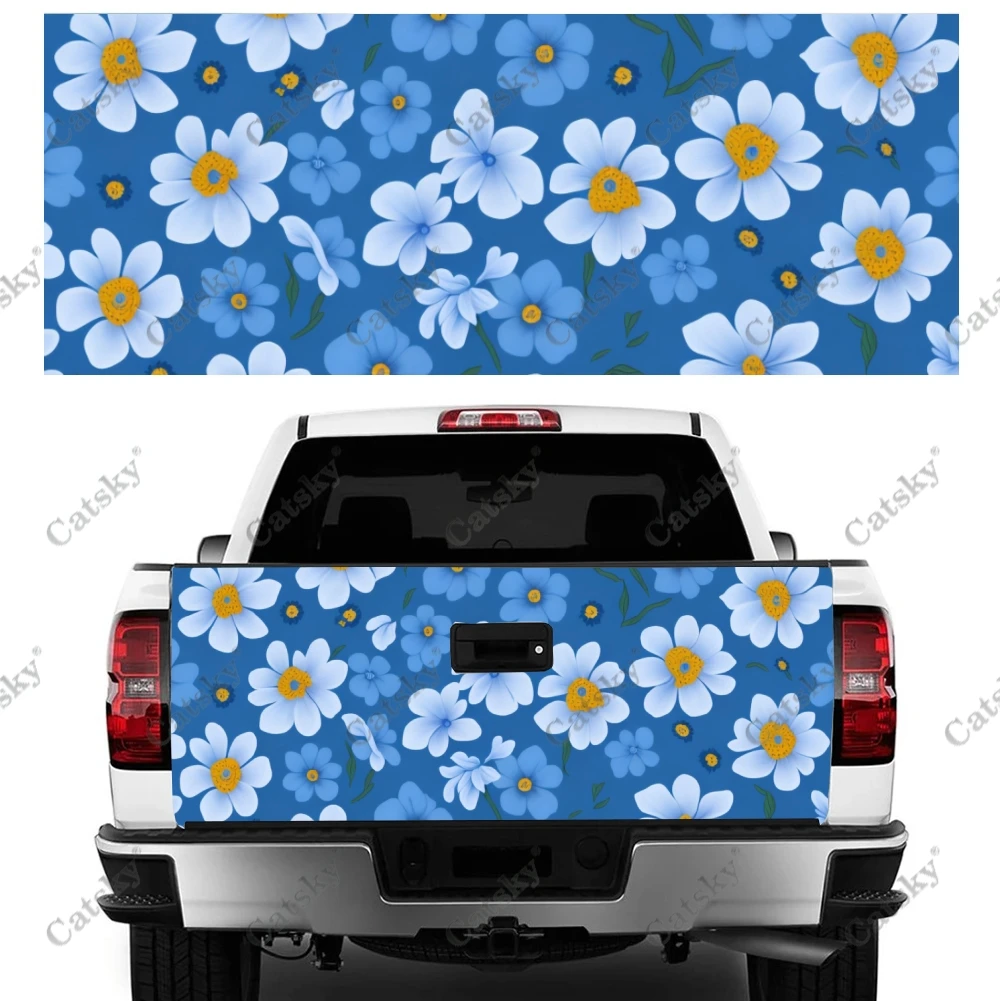 Blue With White Daisy Truck Tailgate Wrap Professional Grade Material Universal Fit for Full Size Trucks Weatherproof