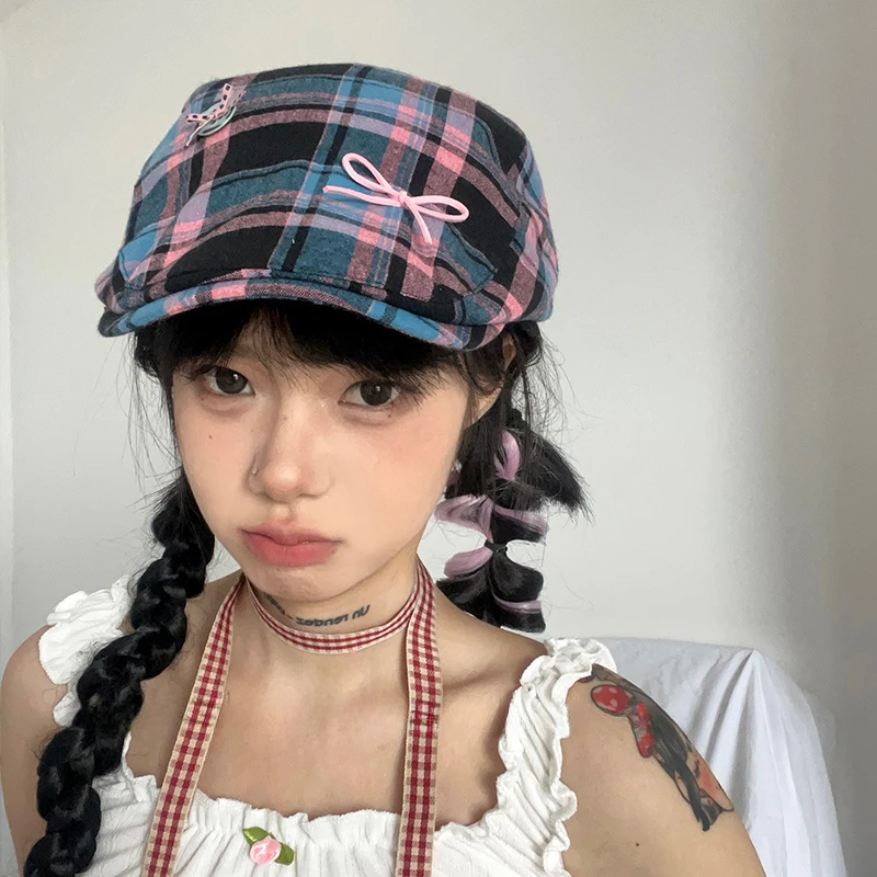 Original Bow Contrasting Color Plaid Newsboy Hats for Women Show Face Summer Thin Versatile Sunscreen Vintage Berets Cap Y2k