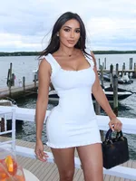 HH Female Summer Sexy Slim Dress 2 Color Solid Square Collar Sleeveless Backless Flower Decoration Women's Fashion Dresses - Image 4