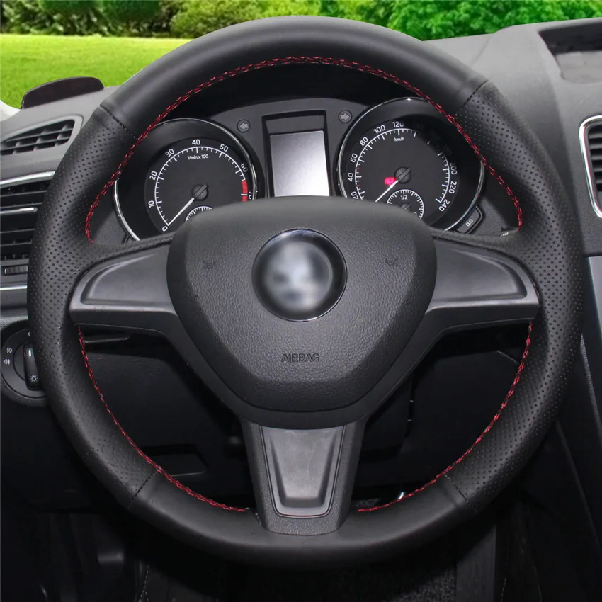 

DIY Hand-Stitched Non-slip Leather Steering Wheel Cover for Skoda Yeti 2014 2015 2016 Rapid 2015 Interior Accessories