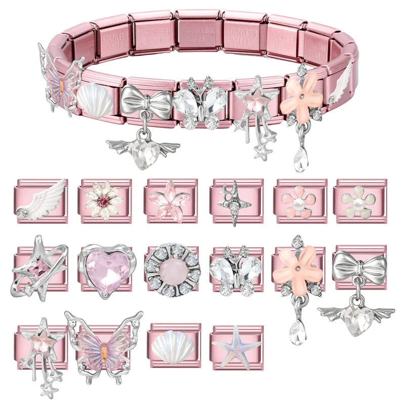 New Fashion Pink Purple Color Flower Bow Heart Star Shell Wings Zircon Italian Charm Fit 9MM Stainless Steel Bracelet DIY Making