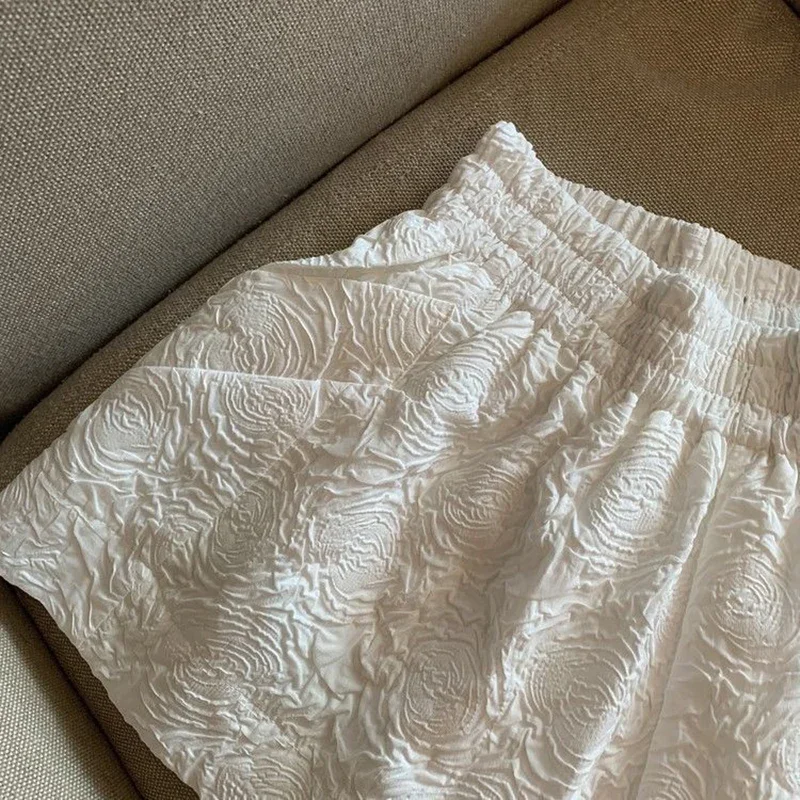 ผู้หญิงสบายๆกางเกงขาสั้นขากว้างVINTAGEสีดําสีขาวJacquardกางเกงขาสั้นหญิงเกาหลีเก๋Elastic HighเอวStreetwearสั้นกางเกง