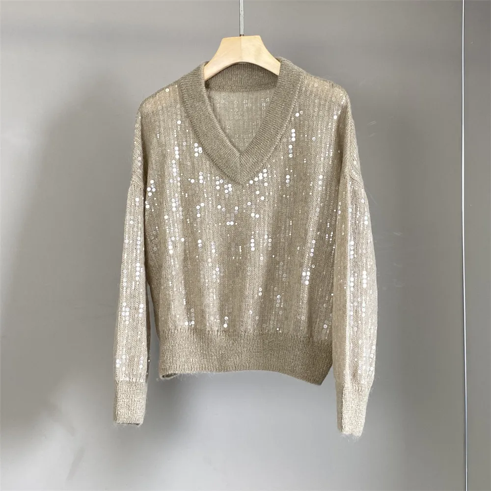 

25 Early Autumn New Women's Sequines V-neck Wool Blend fluffy Soft Versatile Top