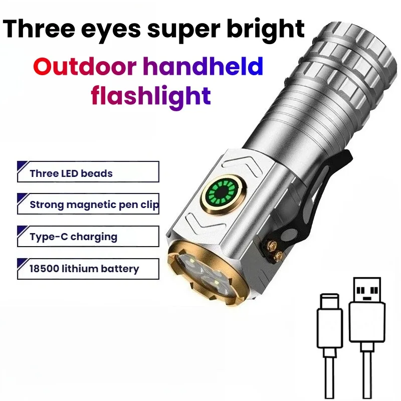 Super Bright Mini Handheld Three Eyes Flashlight Work Light Rechargeable Magnetic Torch for Outdoor Camping Hiking