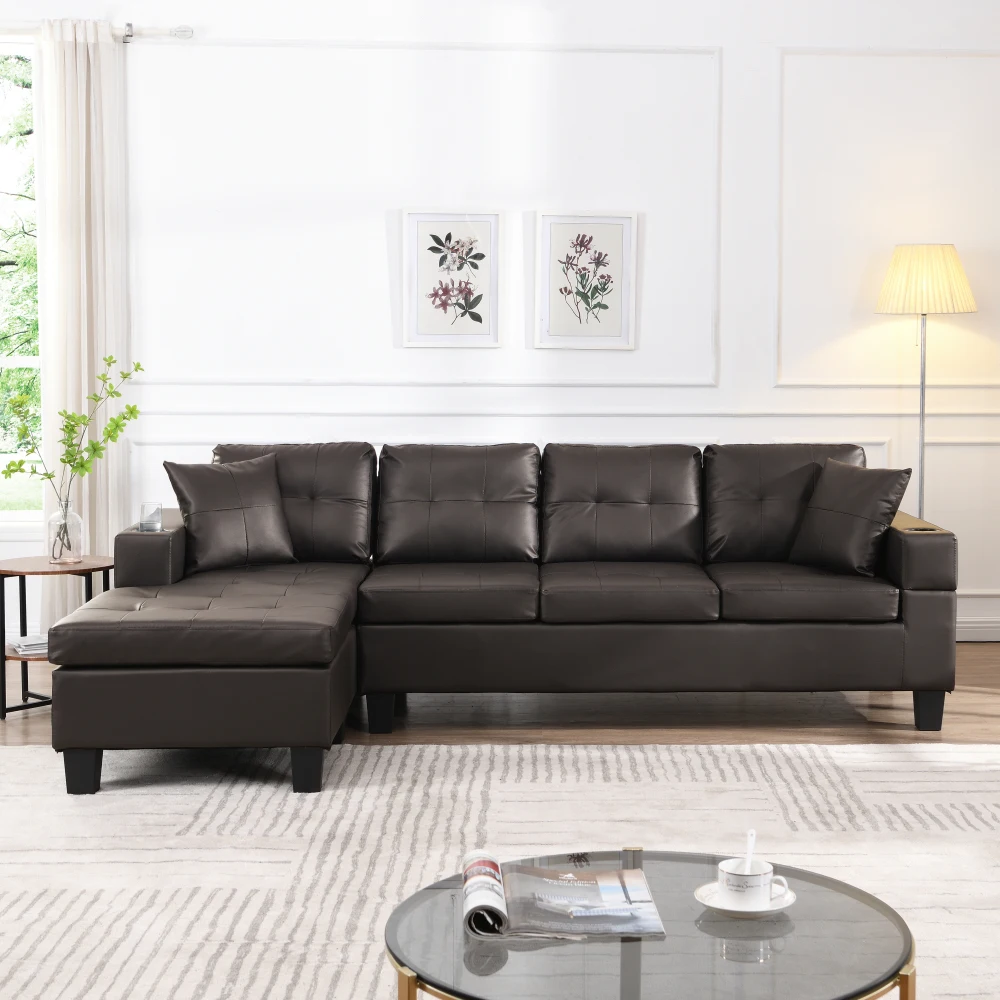 Sectional PU Sofa Set for Living Room with L Shape Chaise Lounge, Cup Holder and Left or Right Hand Chaise Modern 4 Seat