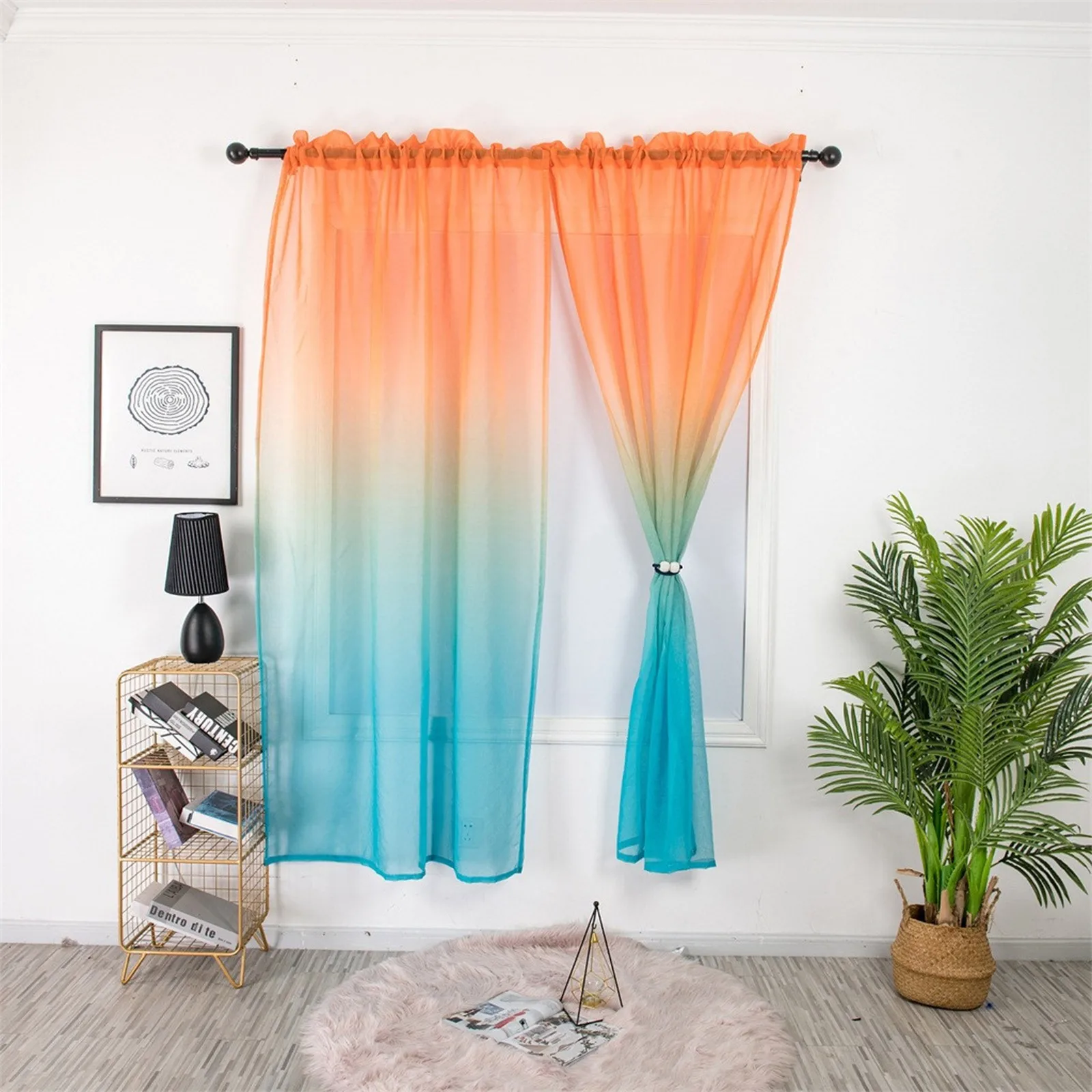 2pcs Gradient Color Sheer Voile Curtains For Bedroom Hotel Pastoral Rustic French Window Screen Drape Panel Tulle Curtains