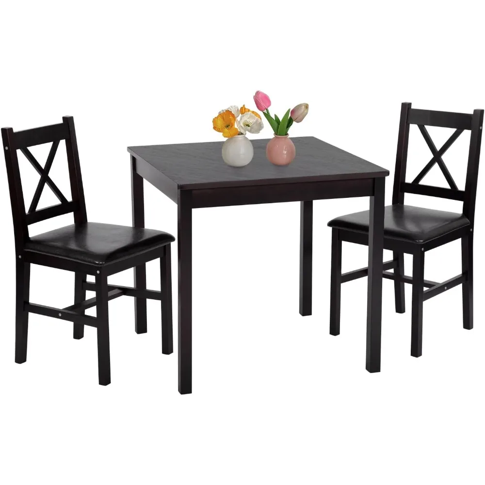 FDW Dining Kitchen Table Dining Set Wood 3 Piece Upholstered Grid Dining Room Table and Chairs for 2,Dark Brown