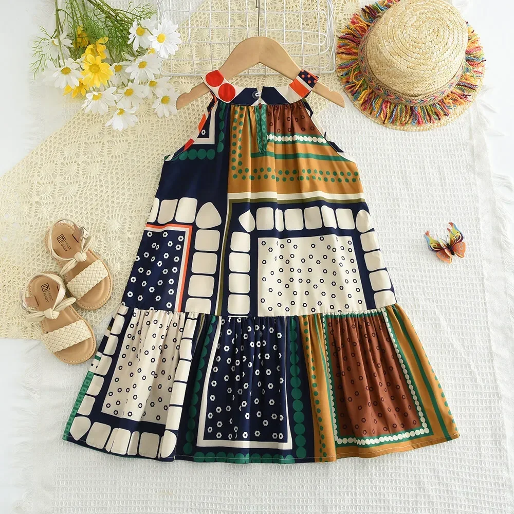 Summer Promotion Bohemian Style Polka Dot Print Hanging Neck Casual Dress for Girls Aged 3-4