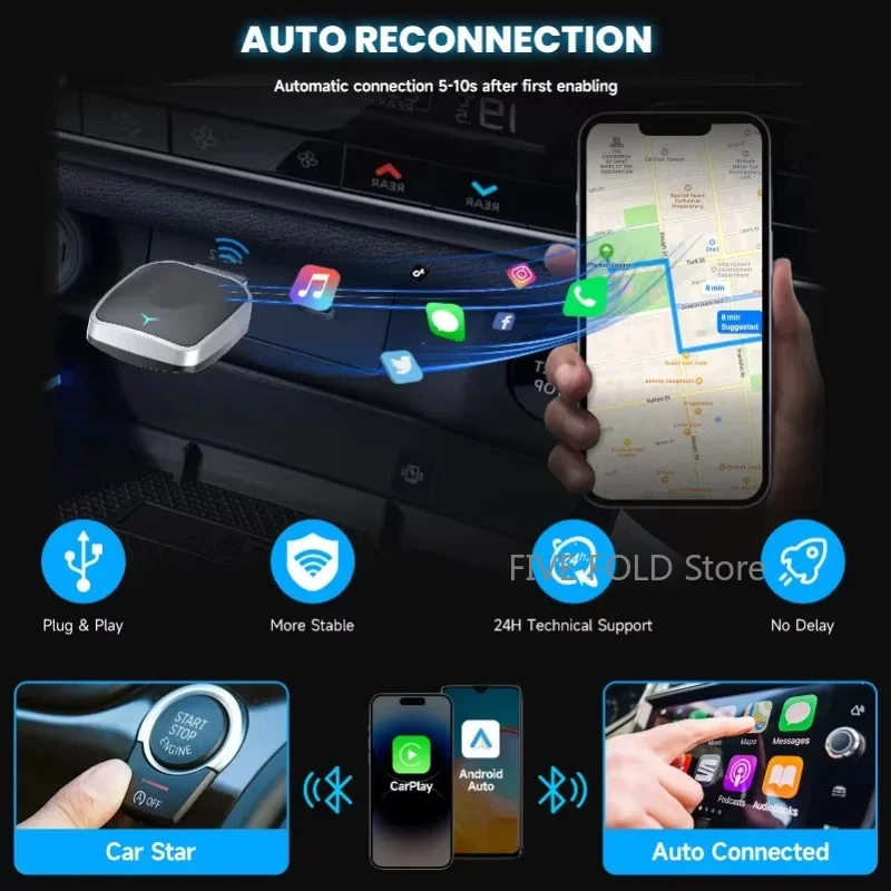 2025 جديد 2 في 1 صندوق Carplay AI اللاسلكي الذي يعمل بنظام Android التوصيل والتشغيل التلقائي ينطبق على تحويل Carplay السلكي الأصلي إلى اللاسلكي