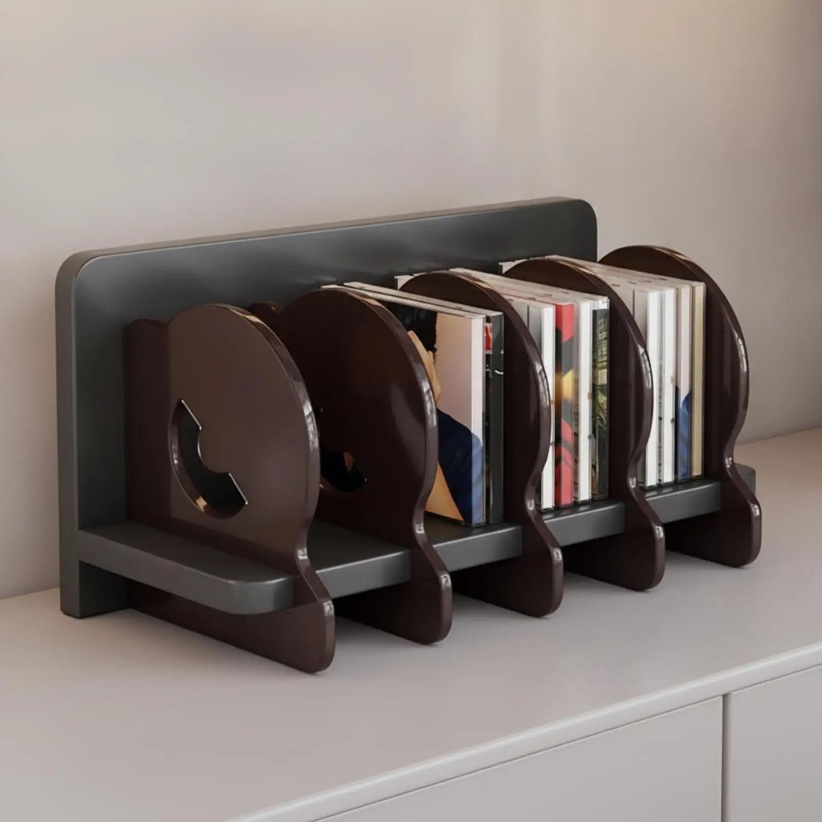 Vinyl Record Storage Rack Multi-Level Desktop Record Shelf with Curved Dividers Stable Freestanding Storage-Rack for Desk,