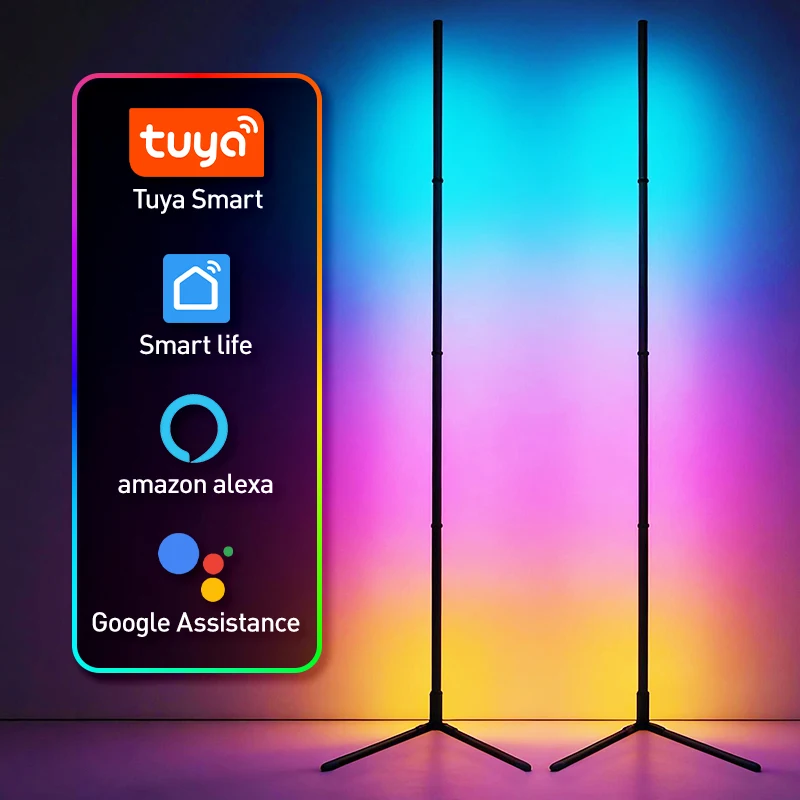 RGBIC Smart Corner Floor Lamp, Tuya App & Remote Control, Adjustable Colors & Effects, Atmospheric Standing Light for Home