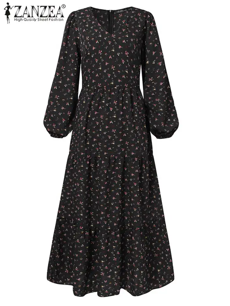 Zanzea Bohemian Vrouwen Herfst Bloemenprint Zonnejurk 2023 Ruche Lange Maxi Jurk Vestido Elegante Toevallige Bladerdeeg Mouw Robe Longue