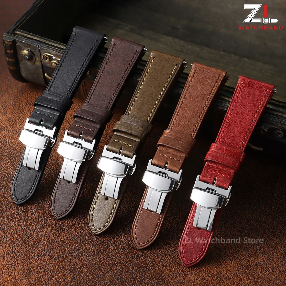 Leather Watch Band 18mm 20mm 22mm 24mm Vintage Universal Strap for Seiko for Omega Quick Release Butterfly Buckle Retro Bracelet