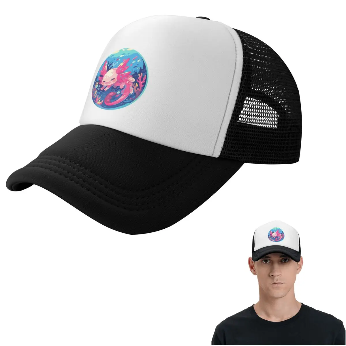 Cute Cartoon Axolotl In Coral Reef  Cap Fashion Mesh Baseball Caps Adjustable Hat Hip Hop Summer Unisex Baseball Hats