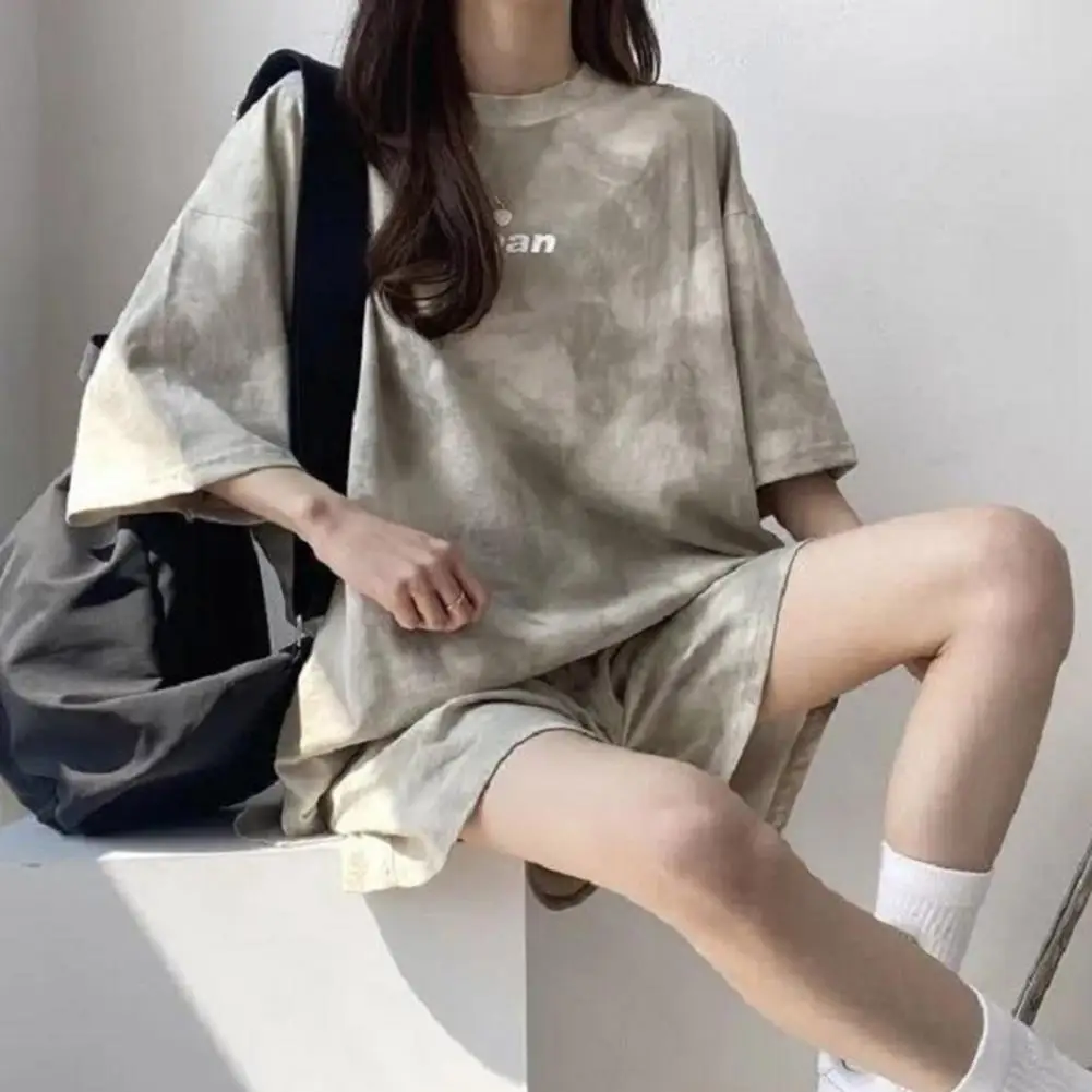 2Pcs Loose Women T-shirt Shorts Set Tie-dye Mid Length Top Elastic Waist Shorts Oversized Casual Sport Daily Wear Top Pants Set