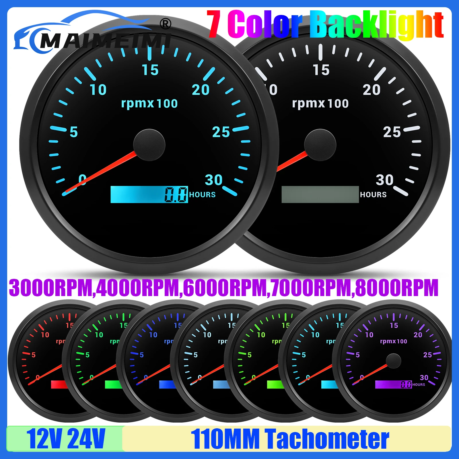

110MM Tachometer 3000,4000,6000,7000,8000RPM Tacho Gauge with Hourmeter 7 Color Light for Auto Car Boat Yacht Waterproof IP67