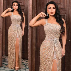 Sexy Beading Mermaid Prom Dress High Split Formal Women One Shoulder See Through Evening Dresses Custom Made Vestidos