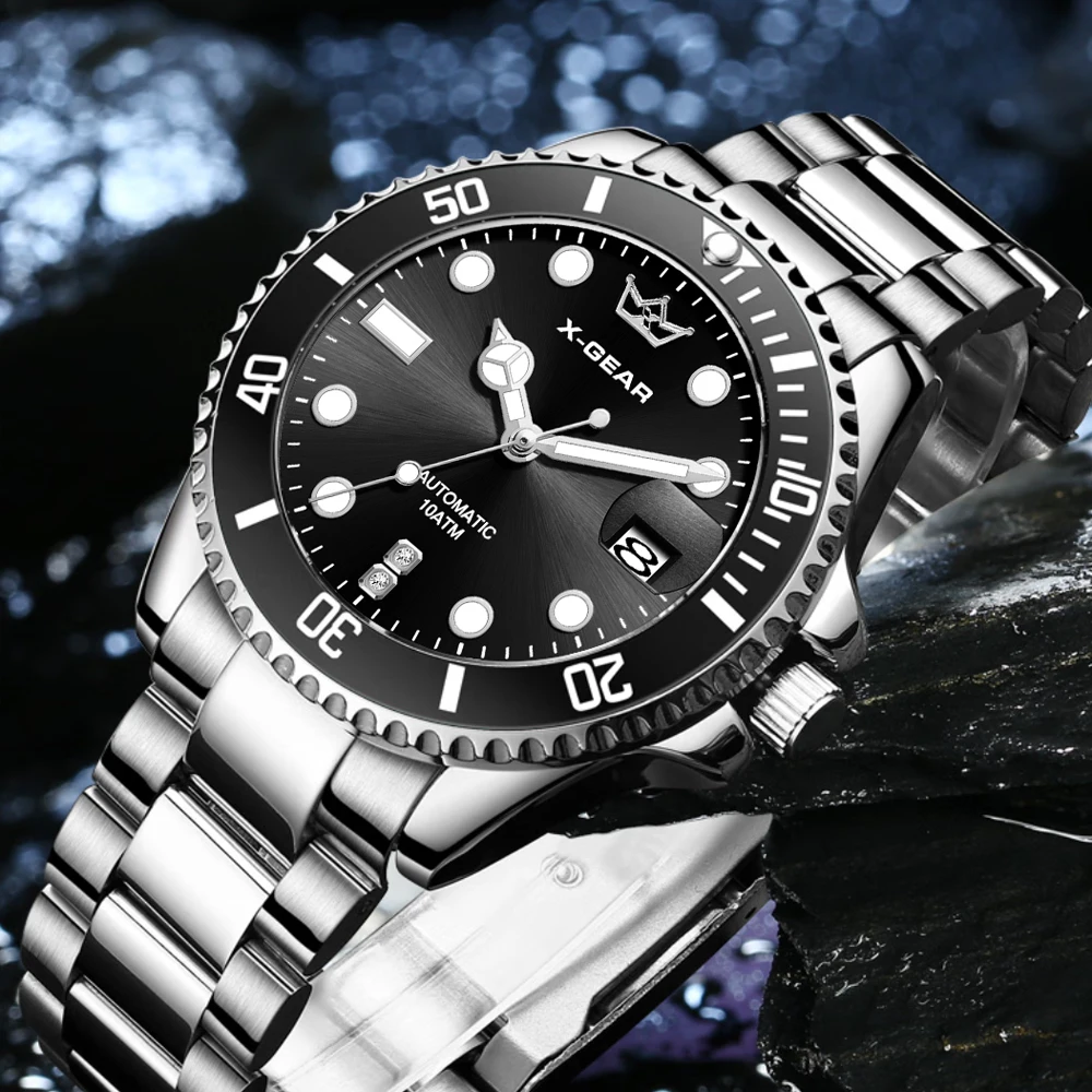 Men's Classic Ghost Watch Mechanical Movement Water Resistant Stainless Steel Ceramic Bezel with Calendar And Magnifier