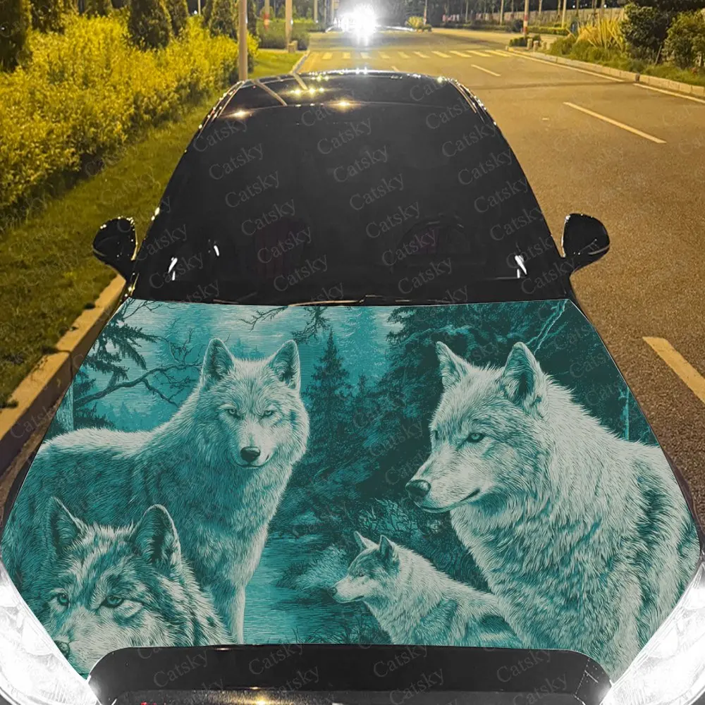 Car Decal Teal Wolf Pack with Textural Artistic Fusion, Creating a Mysterious Wilderness-Gothic Visual Car Hood Sticker, Waterpr