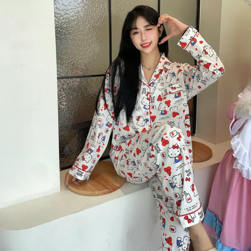 Cartoon Sanrio pajamas loose casual silk pajamas women\'s loungewear cute loose two-piece set Hello Kitty women\'s pajamas