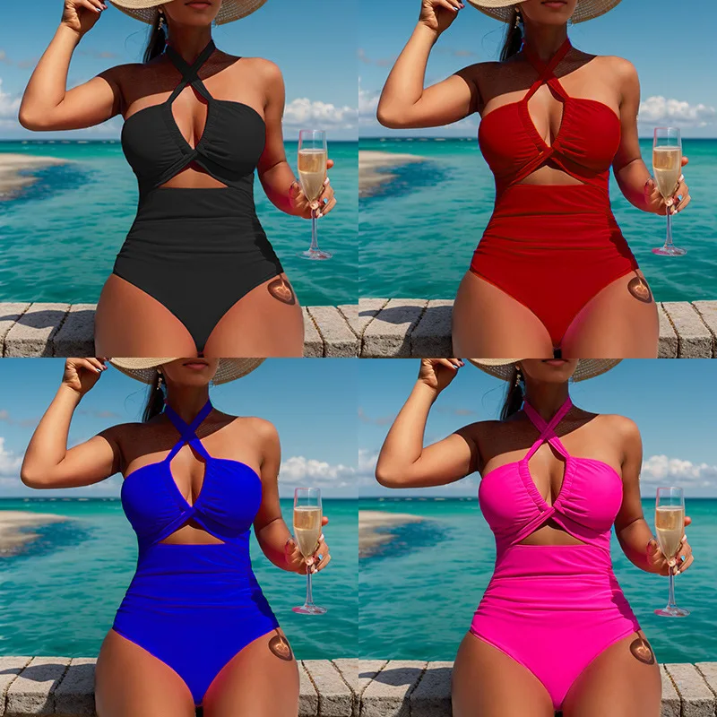 2024 Jednokolorowy seksowny jednoczęściowy damski strój kąpielowy bikini z wysoką talią