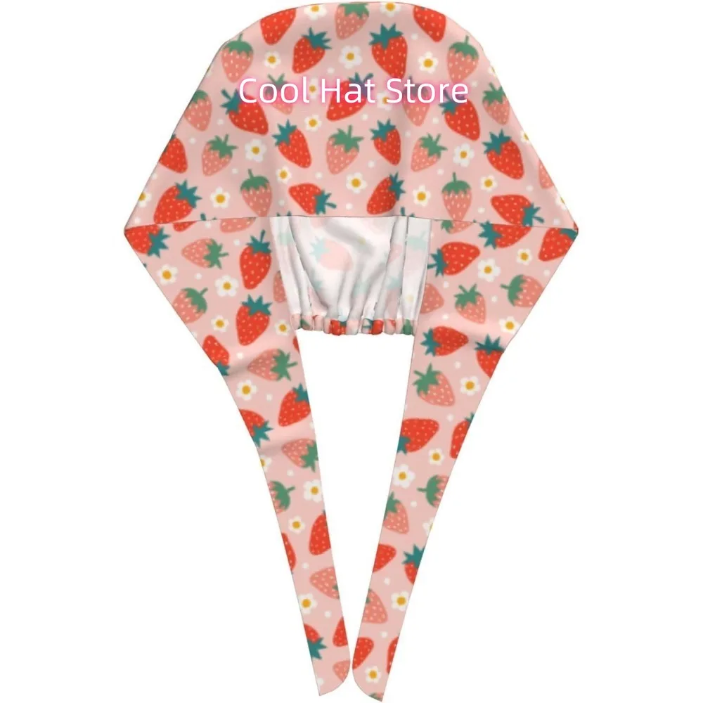 1pc Adjustable Nurse Scrub Cap with Sweatband & Absorbent Towel Strip - Lightweight Quick-Dry Red strawberry pattern