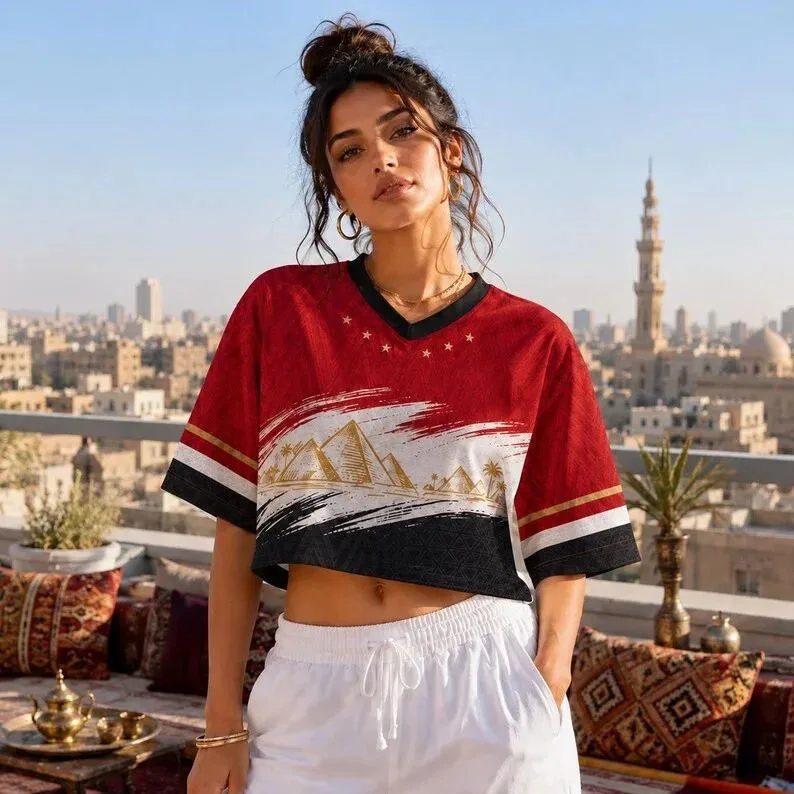 Egyptian Football Sportswear 3D Printed V-neck Short-sleeved Slit T-shirt for Cheerleading Team in Summer 2026
