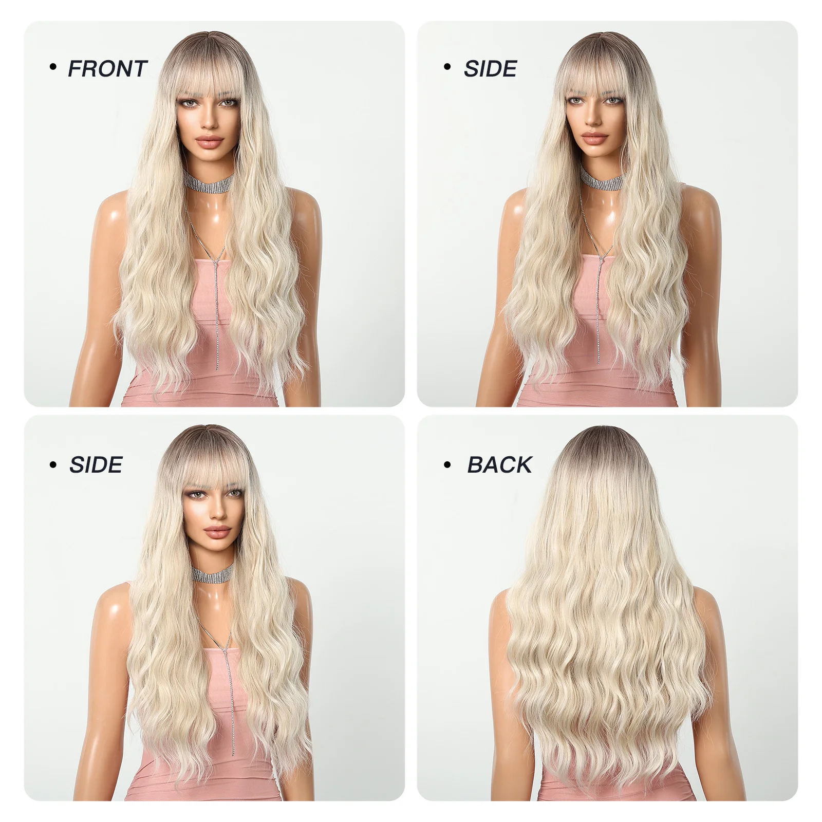 HENRY MARGU Platinum Blonde Synthetic Wigs Long Water Wavy Wig with Bangs Ombre Dark Roots Blonde Hair Heat Resistant Daily Wig