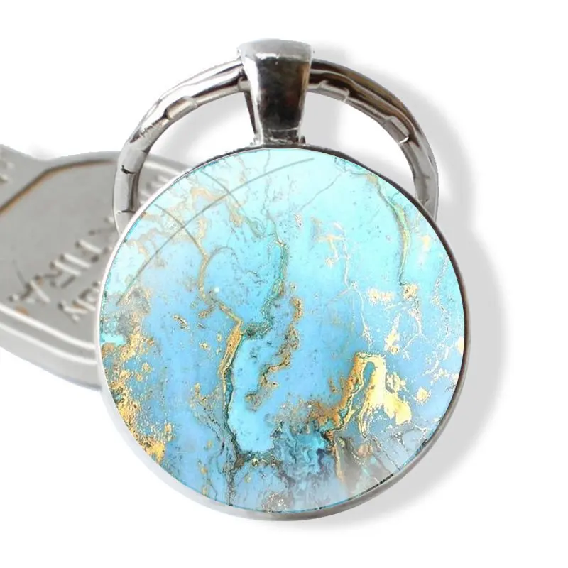 Keychain Handmade Glass Cabochon Key Ring Holder Pendant Key Chains Blue Green and yellow color marble