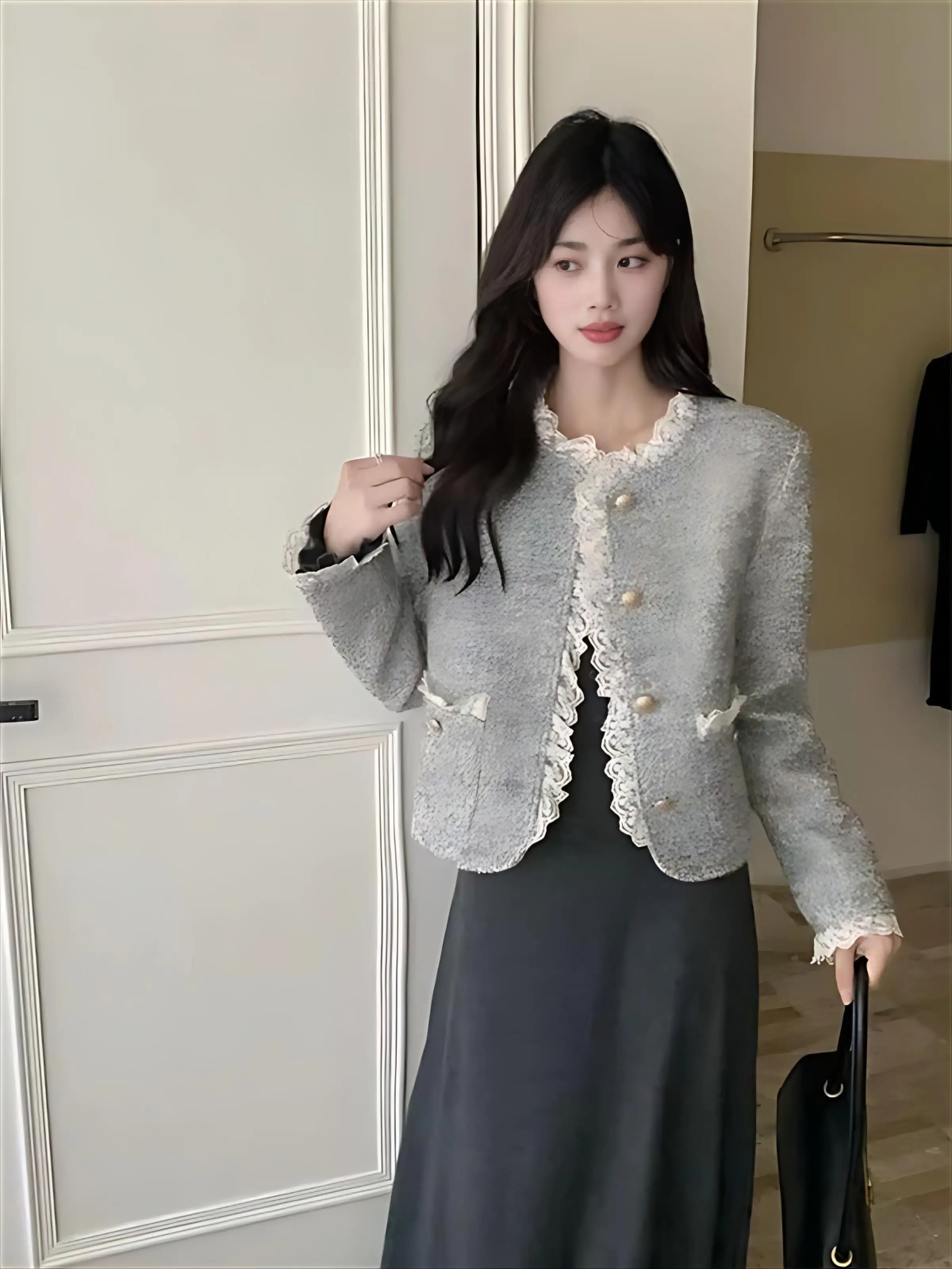 트위드 재킷 청소년용 여성용 가을 방수 경량 지퍼 캠퍼스 레귤러 아웃도어 스포츠웨어 포켓 멀티컬러