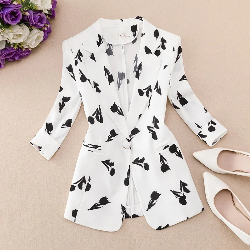 

Spring Summer 2025 Faion Slim Fit ort Printed Jaet Thin Seven Sve Women's Busin Suit Floral Patterned Ele