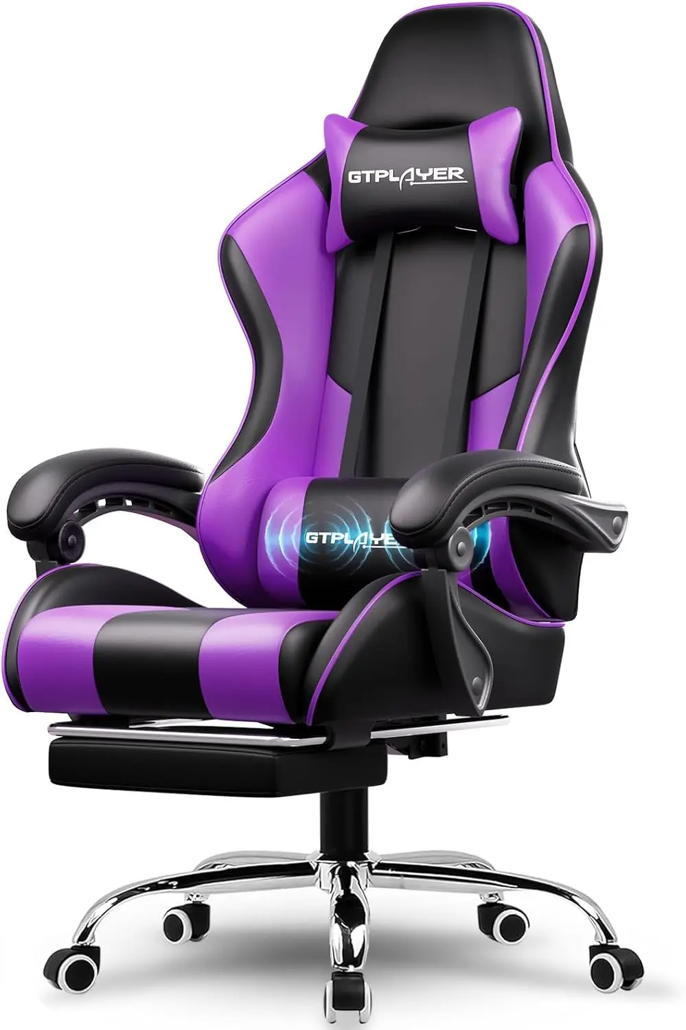 Gaming Chair Computer Seat Height Adjustable 360 Swivel Lumbar Headrest Support Footrest Office Faux Leather Purple