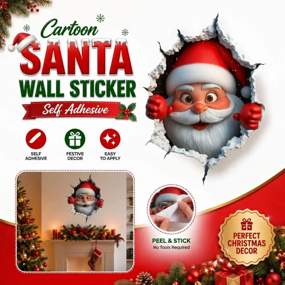 Self Adhesive Cartoon Santa Wall Sticker Broken Wall Look Multicolor Santa Wall Decal 3D Effect Christmas Decoration