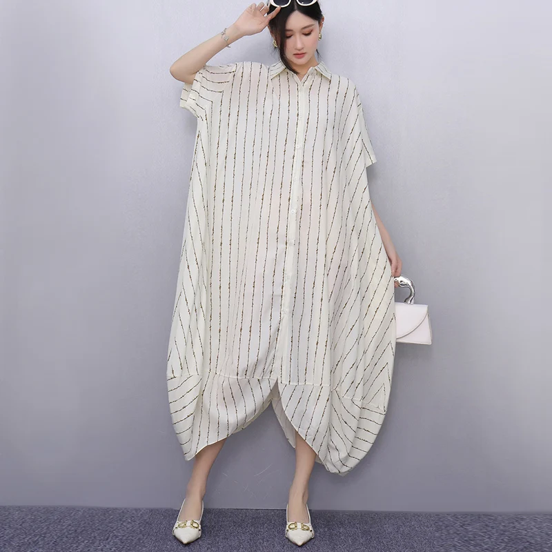 New 2025 Summer Woman Short-Sleeve Black Striped Shirt Dress Loose Fit Chic Big Size Casual Holiday Irregular Large Robe JKXD017