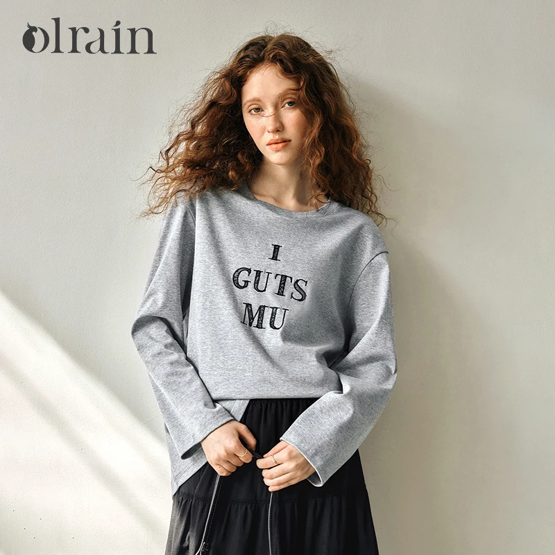 OLrain Gray Casual T-shirt Woman Autumn 2025 New Fashion Straight Lace Letter Embroidery Long Sleeve American Tees N57CT95665