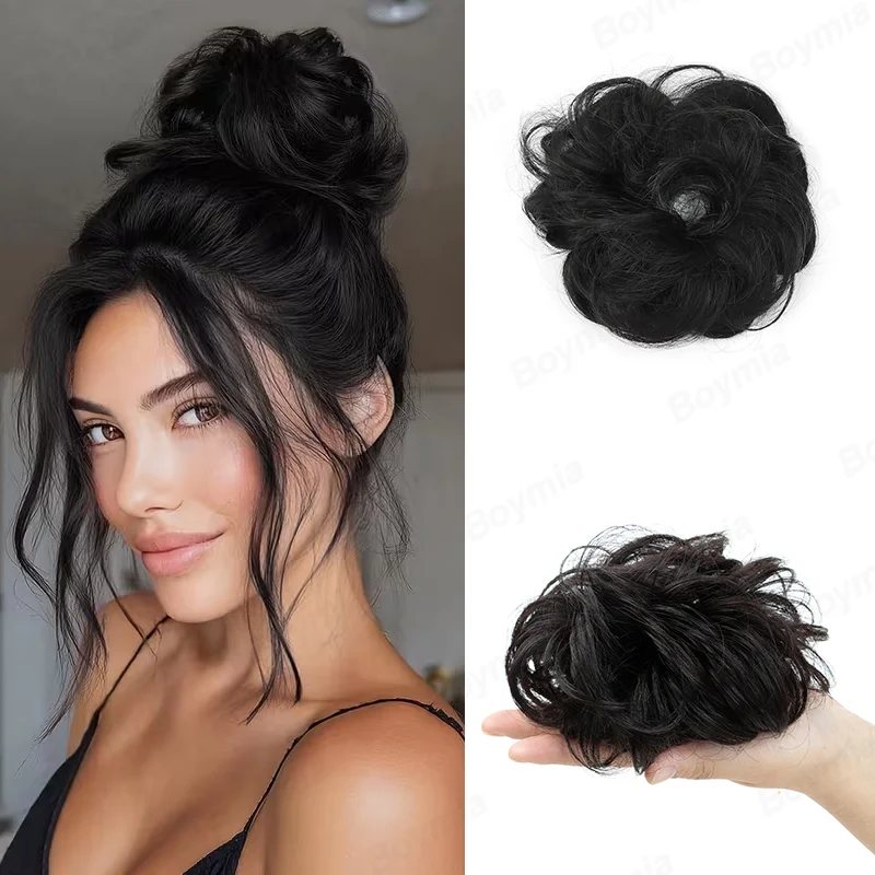 Human Hair Bun 100% Human Hair 25g Messy Bun Soft Fluffy Waves Curly Thick Updo Hair Pieces for Women Easy to Use Natural Black