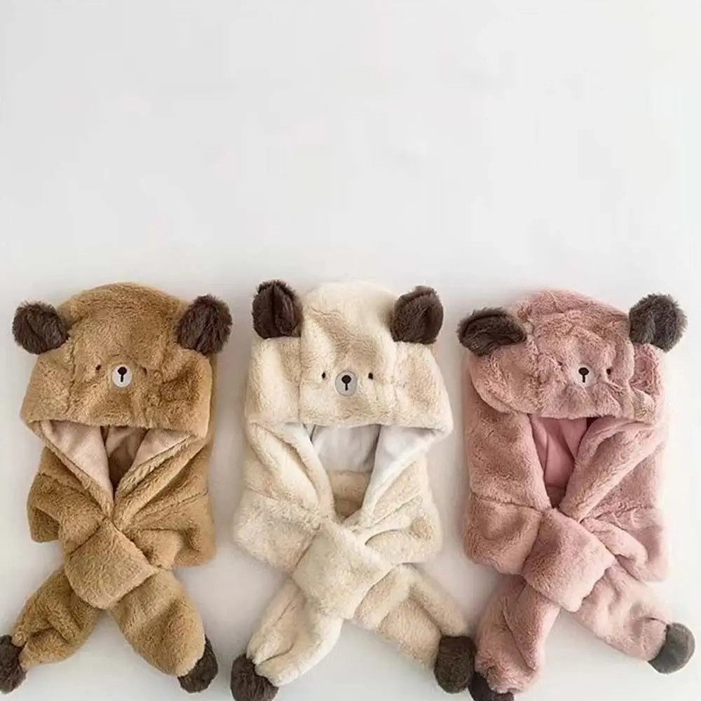 الصلبة اللون الدب أفخم قبعة تصميم الأزياء القماش الملحقات الأطفال الصوف قبعة الكرتون الخمار أفخم قبعة مع وشاح الصبي #6