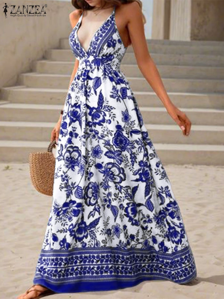 ZANZEA Sexy Spaghetti Strap Summer Long Dresses Women Elegant Maxi Sundress 2025 Halter Floral Print Beach Bohemian Party Robe
